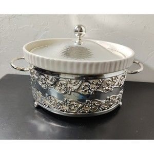 Vintage Baking Pot Oven To Table England w/ Metal Holder and Top 8.5x4.5"  RARE